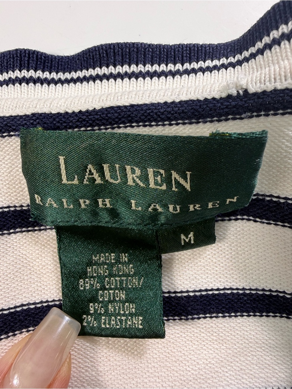 Lauren Ralph Lauren White Sweater with Navy Stripes V-Neck - Picture 6 of 9
